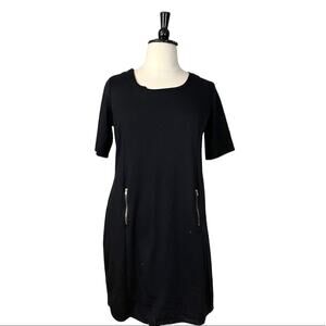 Merona Shift Dress Short Sleeves Ponte Knit Gold Zipper Front Black Size XXL
